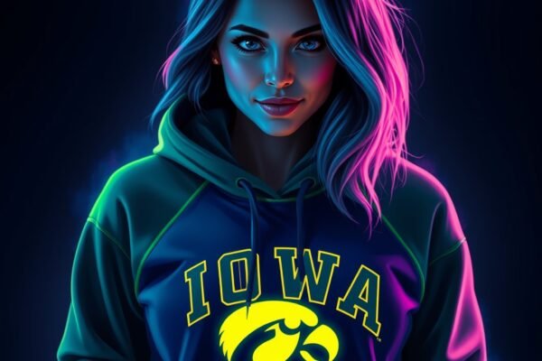 Women’s Iowa Hawkeye Hoodie – Neon Glow Design with Team Logo