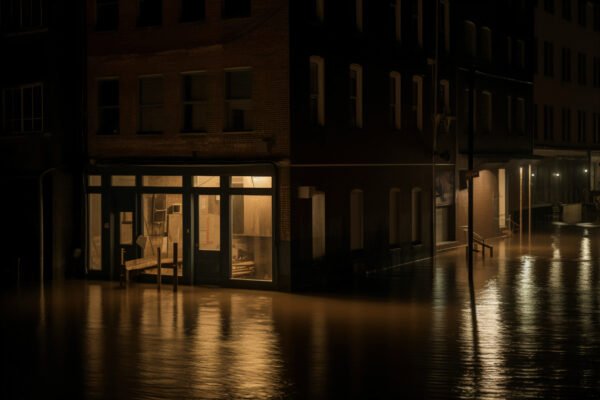 Flooded street with water seeping into a building, highlighting the risks of poor drainage and lack of gutters.