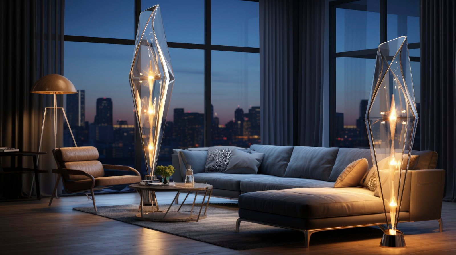 Interior of Bella Luna luxury condo with modern furnishings and expansive windows showcasing city views