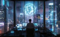 Futuristic office with professionals collaborating on laptops and AI-powered dashboards, with a digital world map showing global outsourcing connections — symbolizing BPO Services by Garage2Global.
