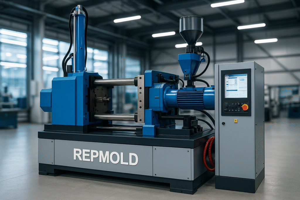 High-tech rubber injection molding machine branded Repmold in a modern factory with touchscreen controls.